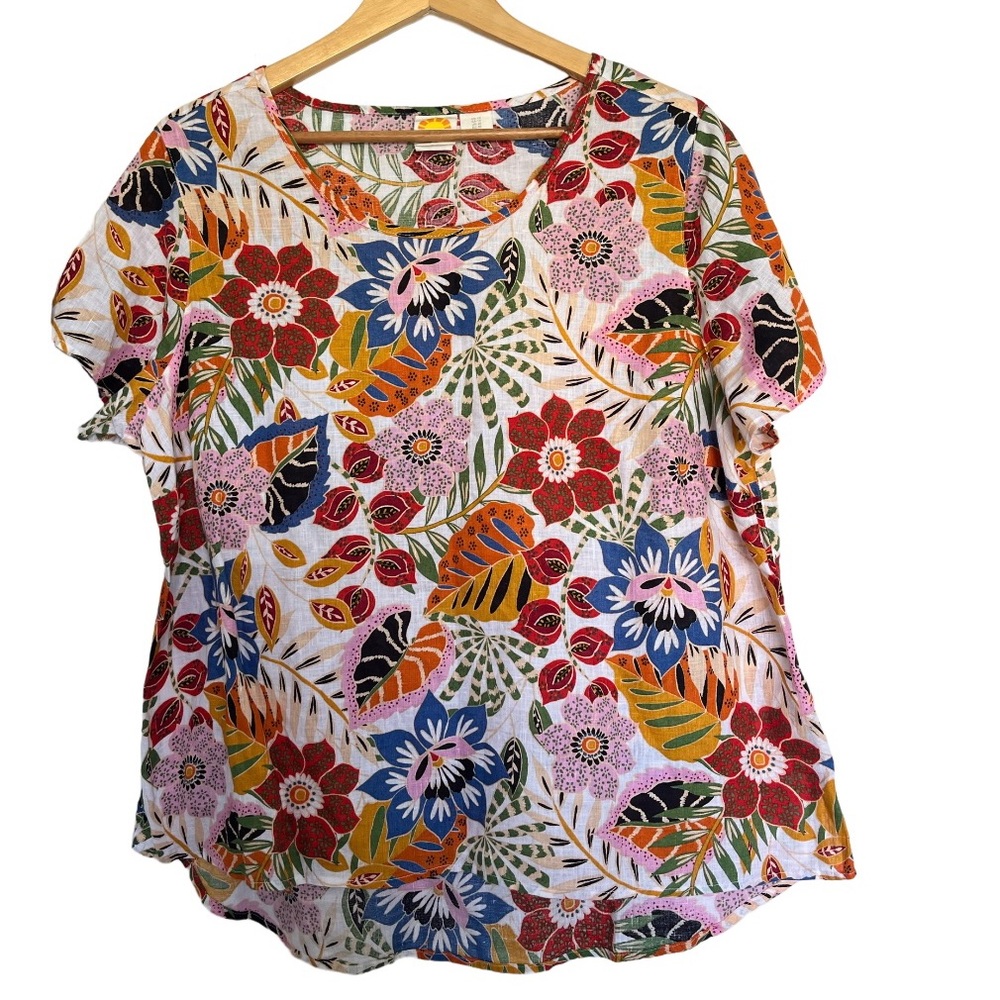 C&C California 100% Linen Top Women's Size 1X Tropical Floral Plus High Low Hem